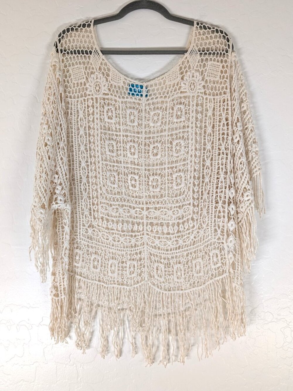 SOUTH MAIN Top Womens L/XL Cream Crochet 3/4 Sleeve Lattice Cover Up Boho Fringe